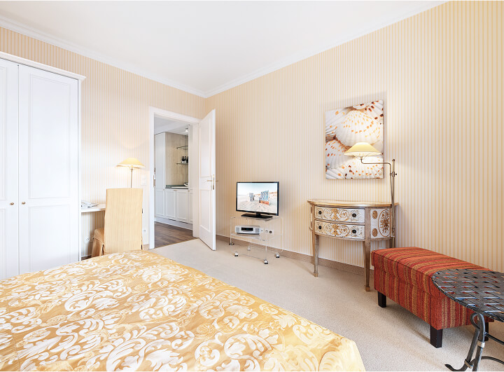 room-panorama-suiten-hotel-seepark-thun-congress-schweiz_08 Strandhotel Zimmer mit Doppelbett und TV